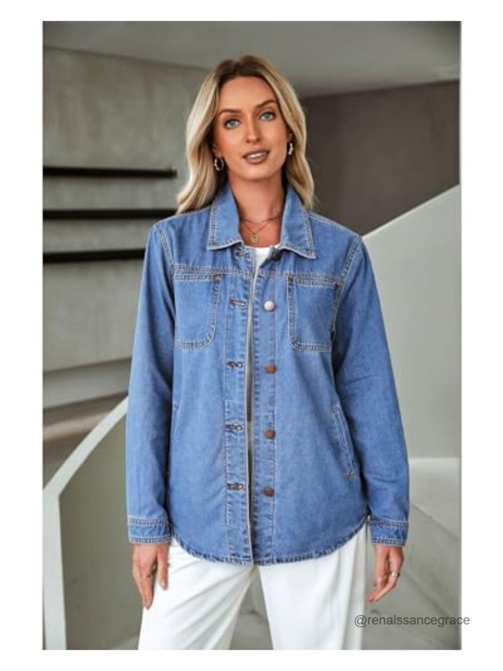 Denim Jacket Long Sleeve Button Down Shacket with Pockets - Picture 4 of 6
